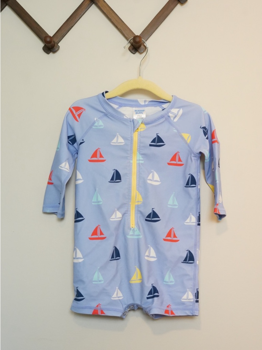 Rugged Butts Light Blue Sailboat Zip Rash Guard Romper Swimsuit - Yellow Zip